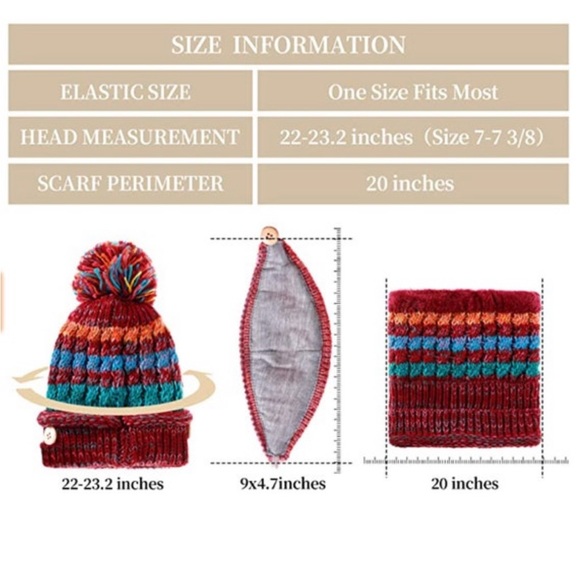 Red Women Winter Pompom Beanie Hat with Fleece Lined Face Mask and Gaiter Scarf - Picture 6 of 11